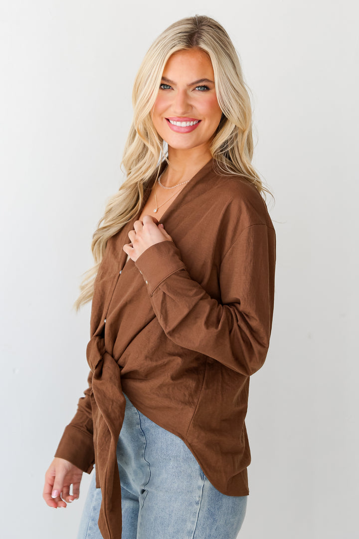 FINAL SALE - Picturesque Perfection Mocha Tie-Front Blouse