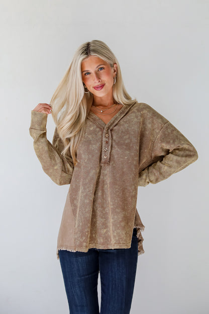 Convincing Composure Mocha Waffle Knit Henley Top