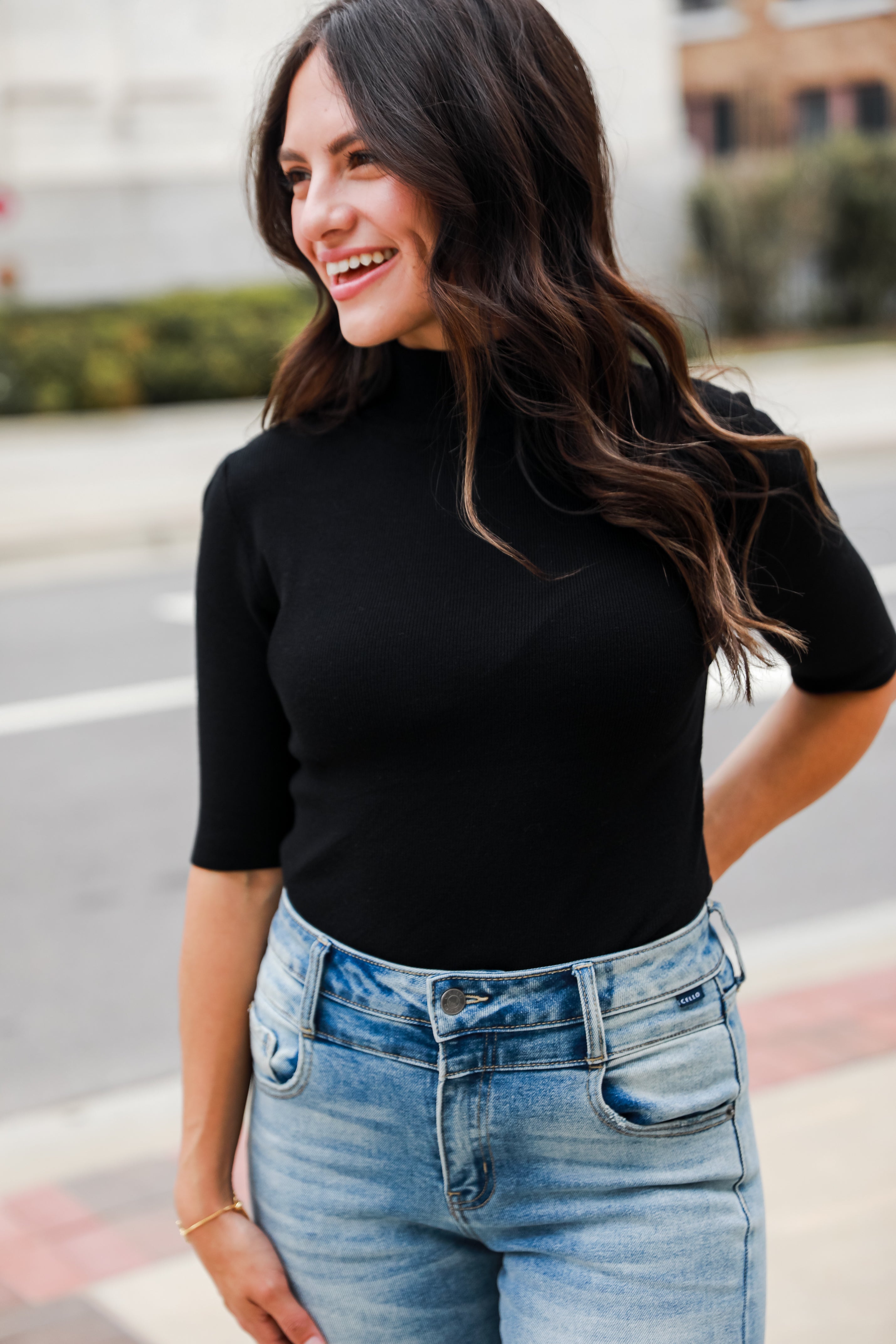 basic black Mock Neck Knit Top