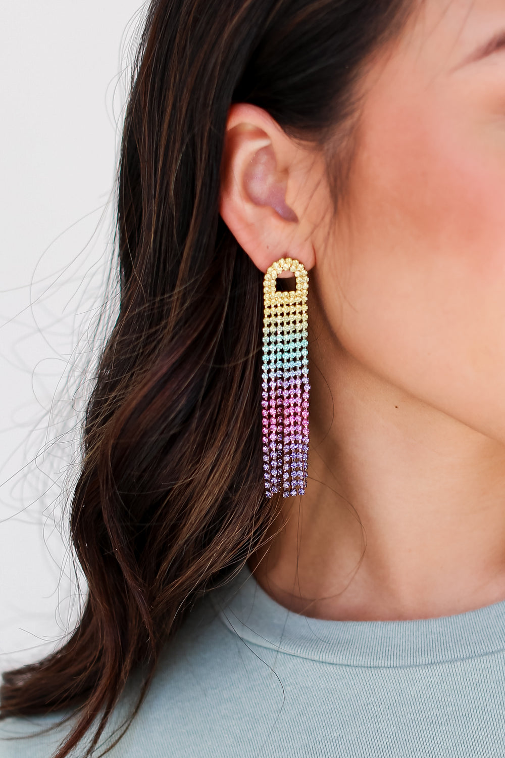 Rhinestone Fringe Earrings on model