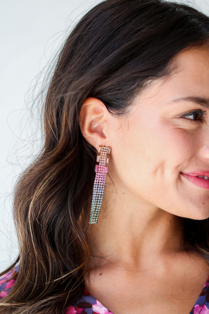 Rhinestone Fringe Earrings close up