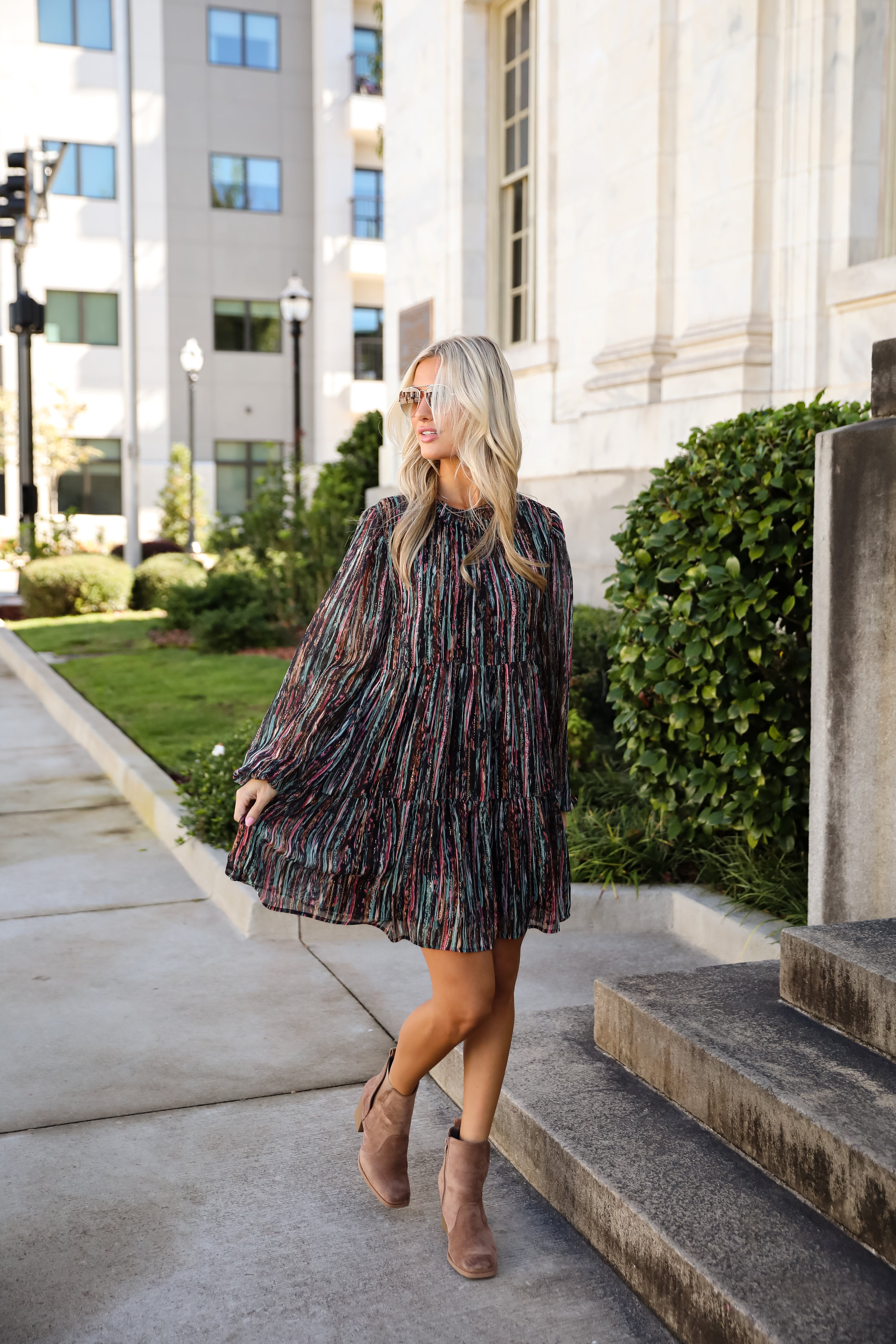 Beautifully Poised Black Striped Tiered Mini Dress