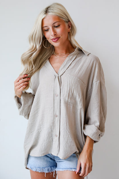 tan linen button up