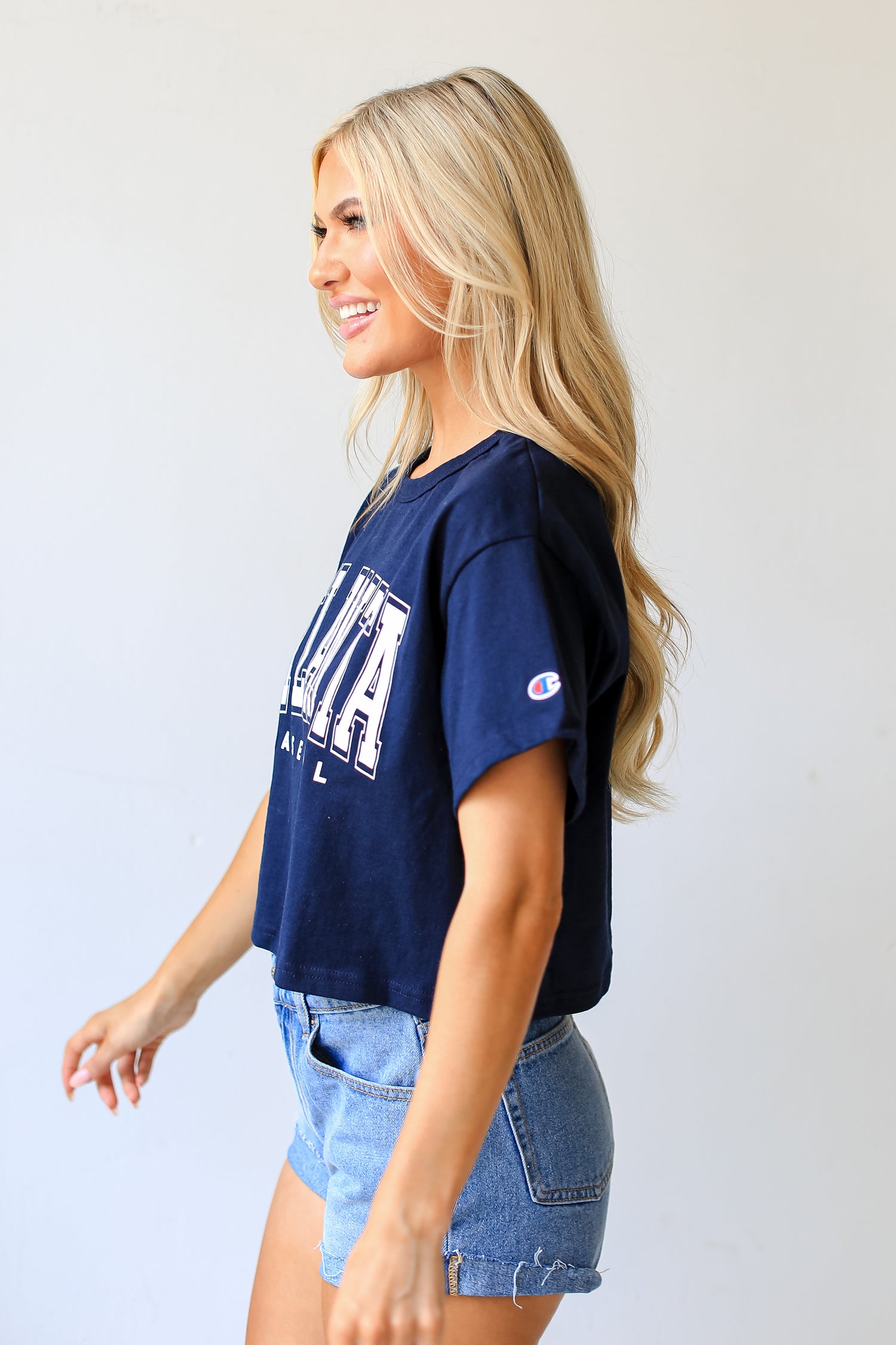 Navy Atlanta Baseball Cropped Tee side view