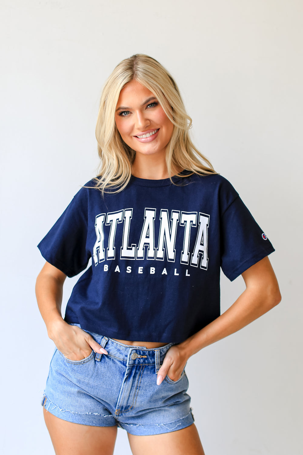 Navy Atlanta Baseball Cropped Tee on model