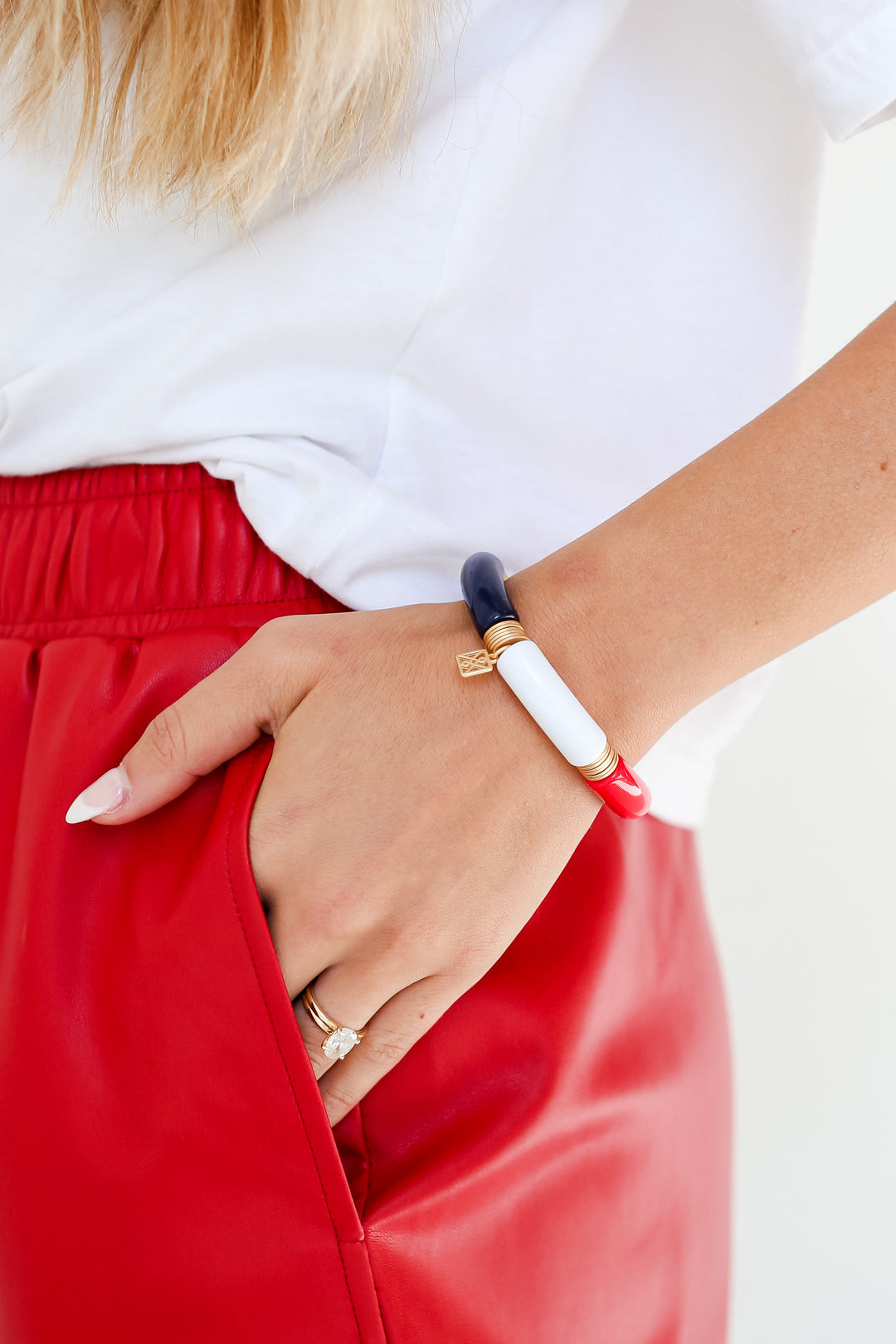 Red + Navy Color Block Tube Bracelet on model