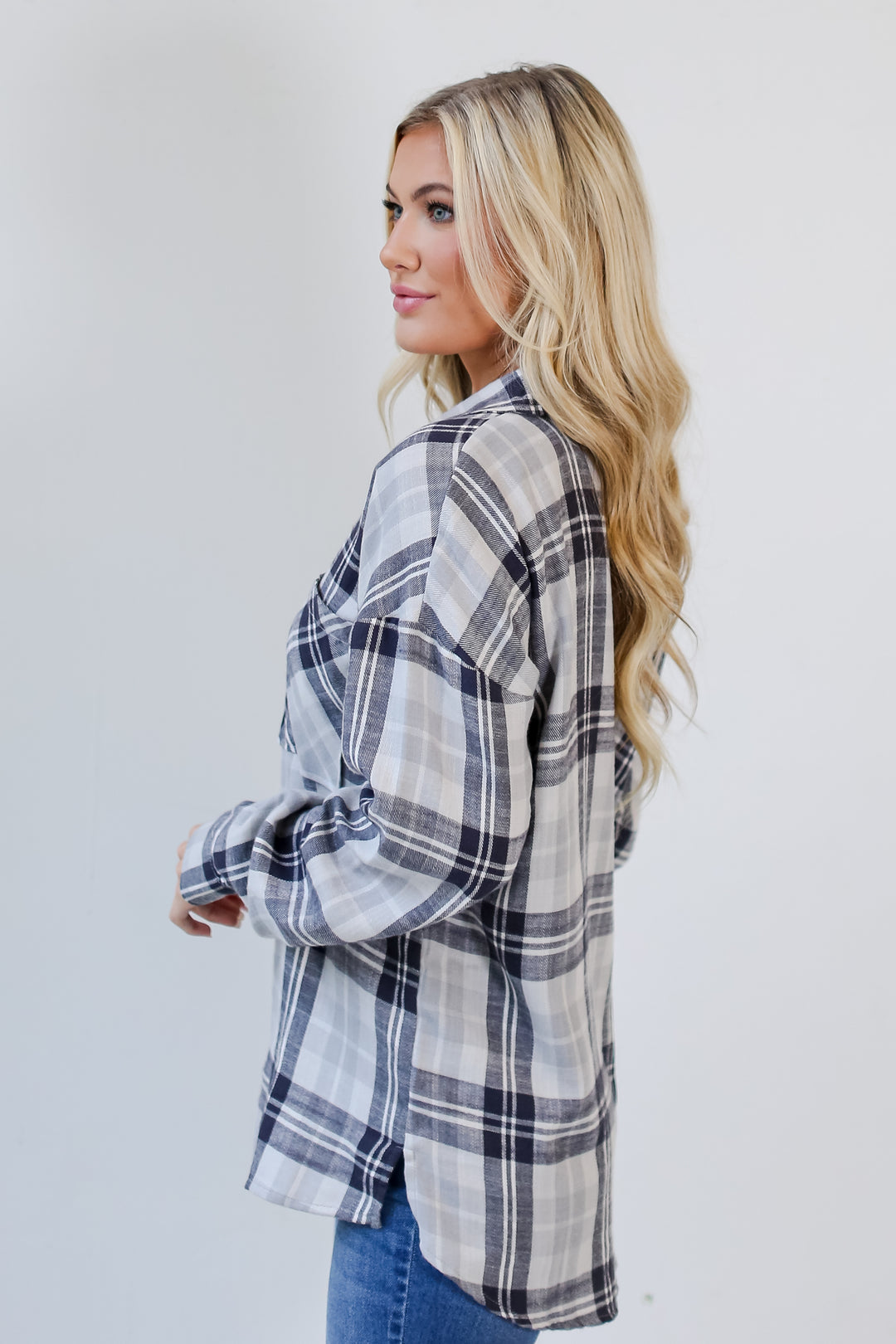 navy blue Plaid Flannel side view