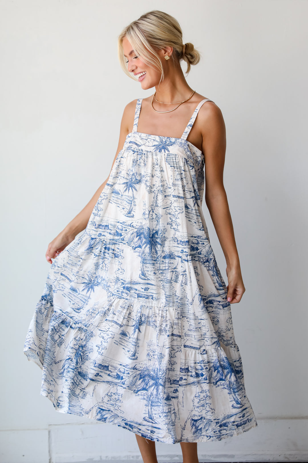 Tropical Lifestyle Blue Tiered Midi Dress