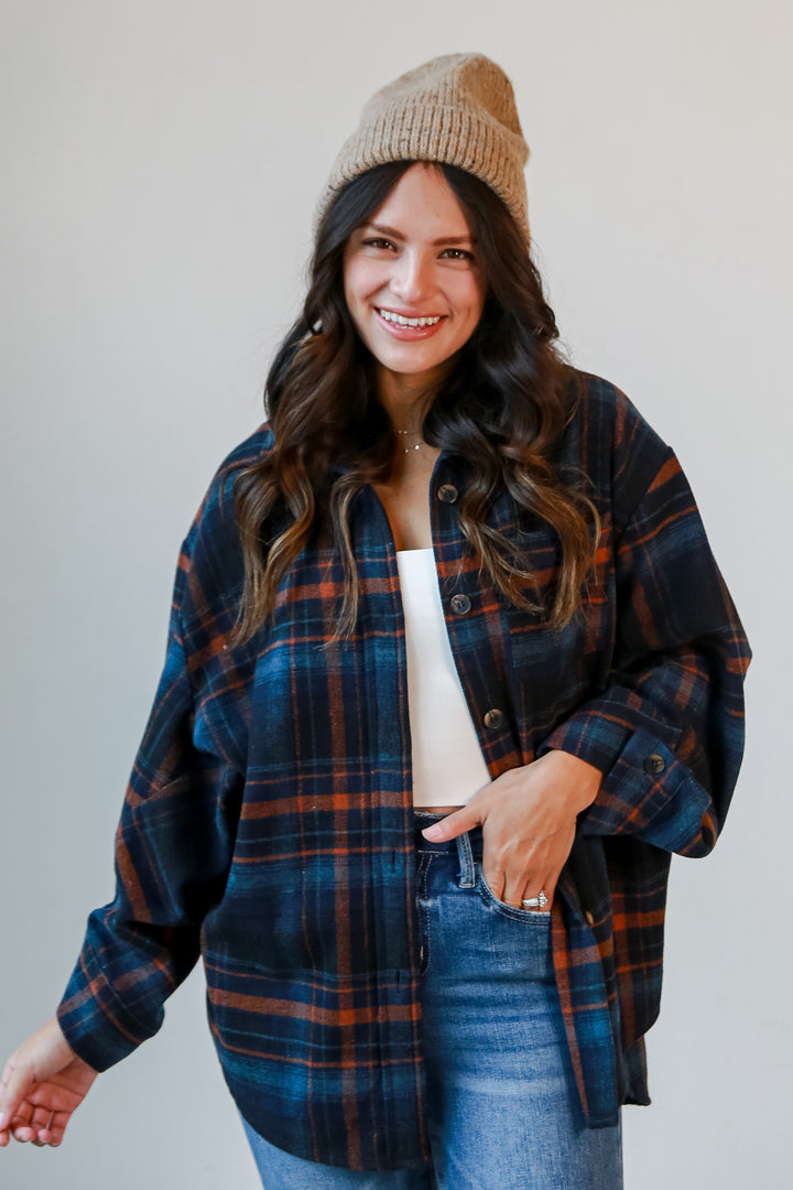 Navy Plaid Shacket on model