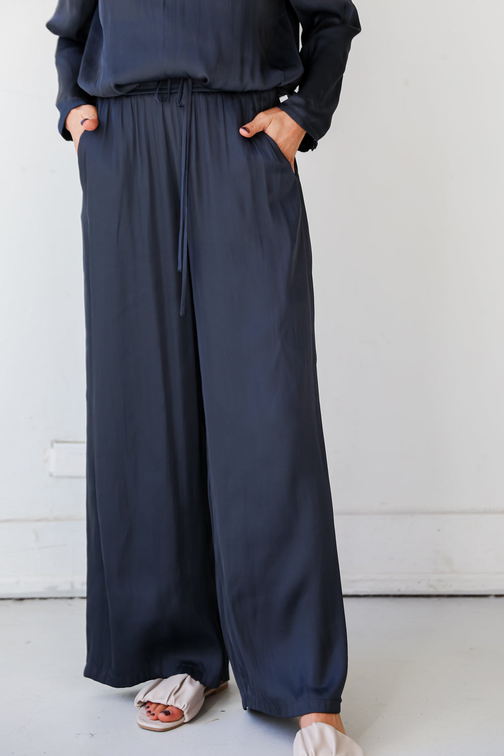 Navy Satin Wide Leg Pants on model