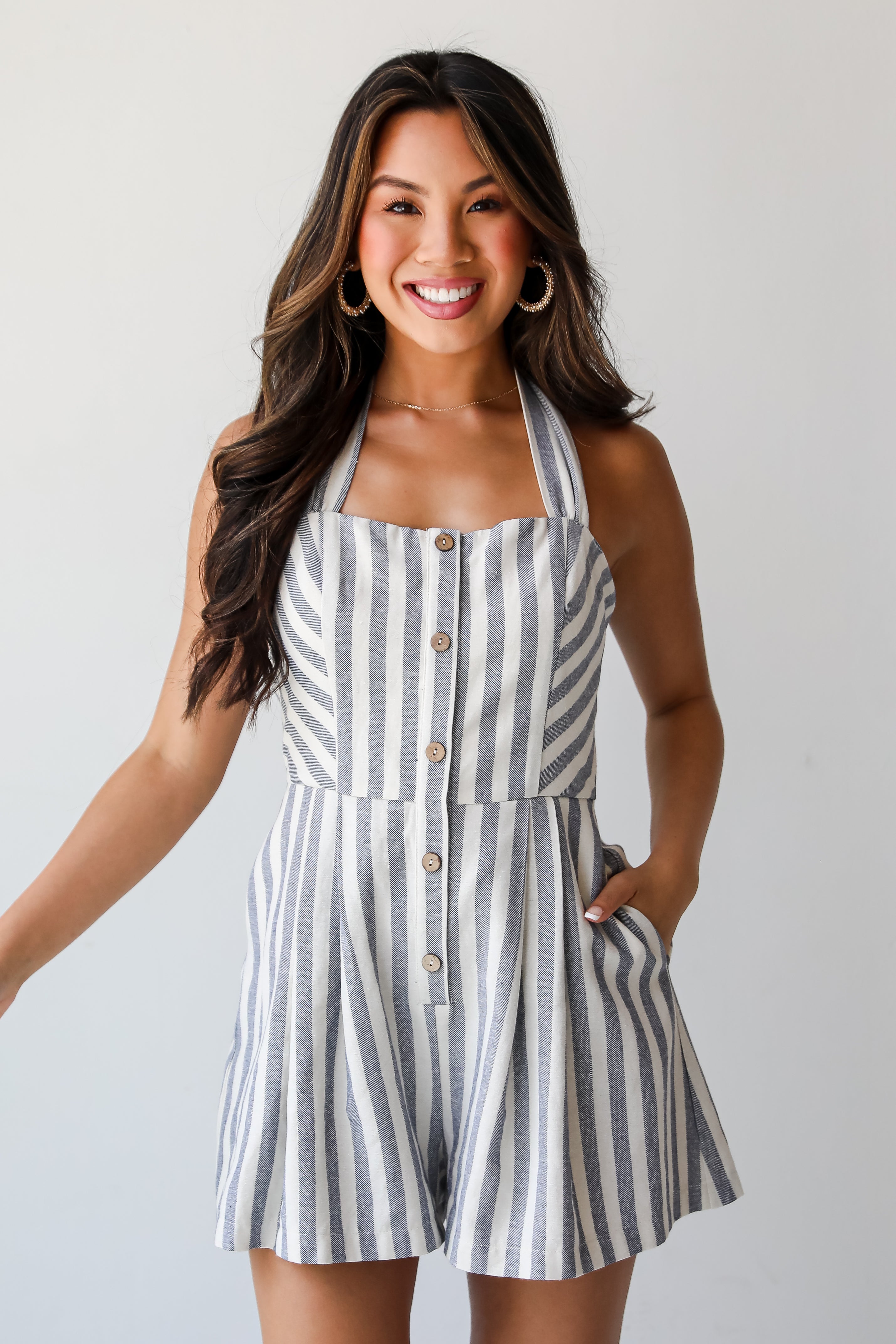 So Serene Navy Striped Halter Romper