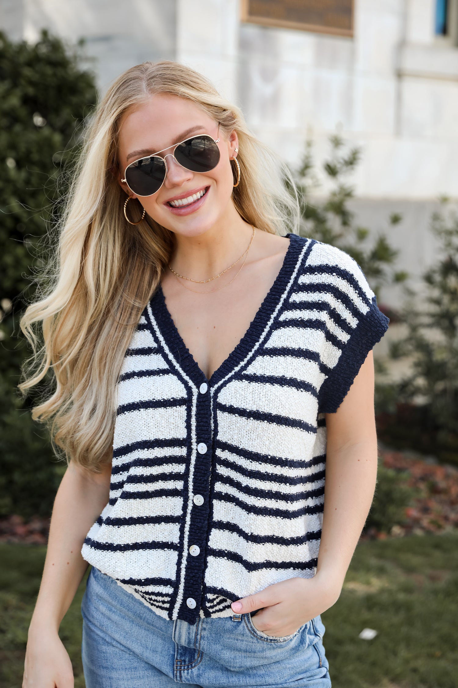 Cutest Coziness White Striped Sweater Vest