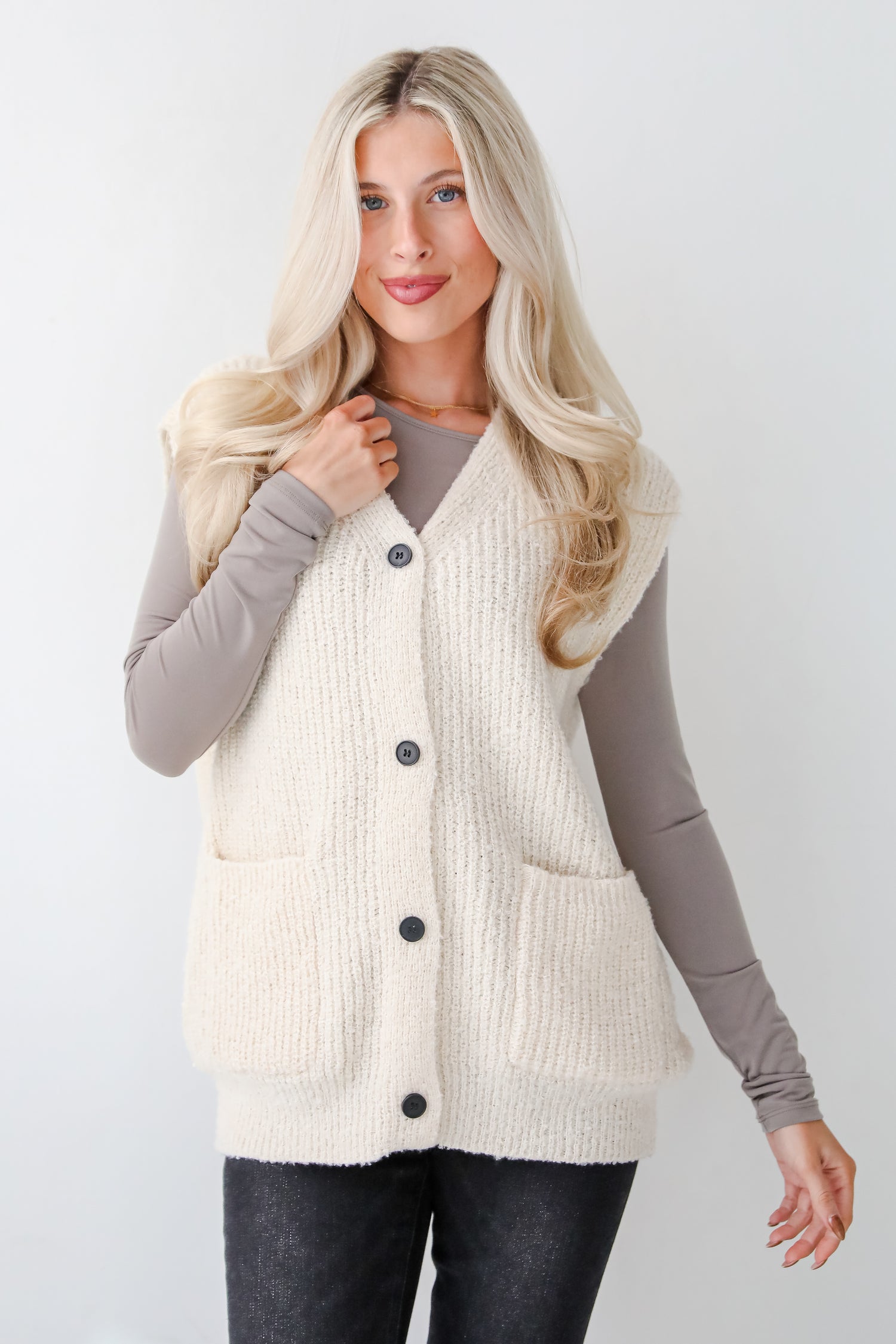 Cuddly Perfection Oatmeal Fuzzy Knit Sweater Vest