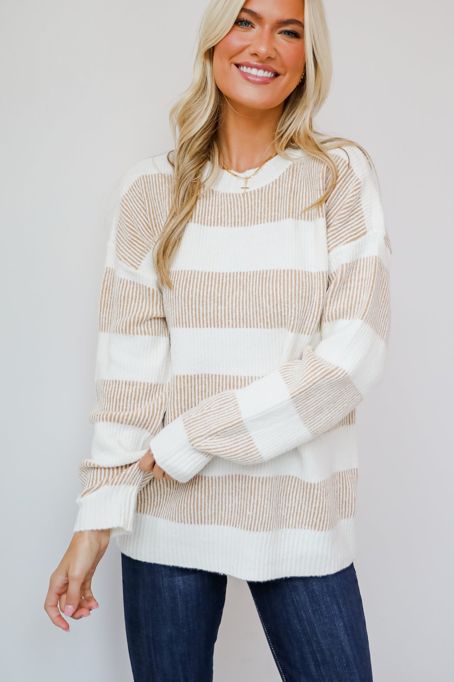 Seasonal Snuggles Taupe Striped Sweater