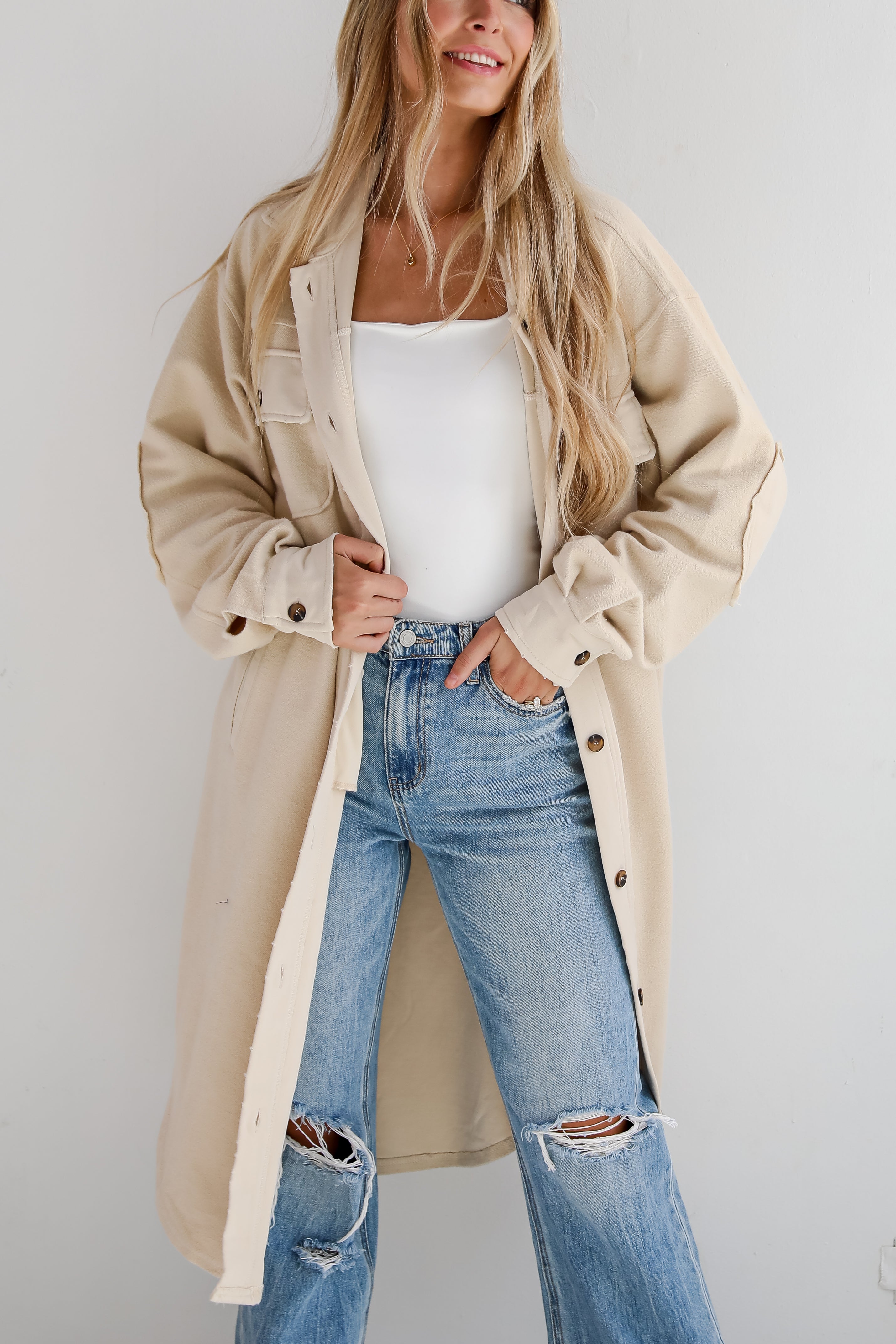 Undeniably Stylish Oatmeal Longline Shacket