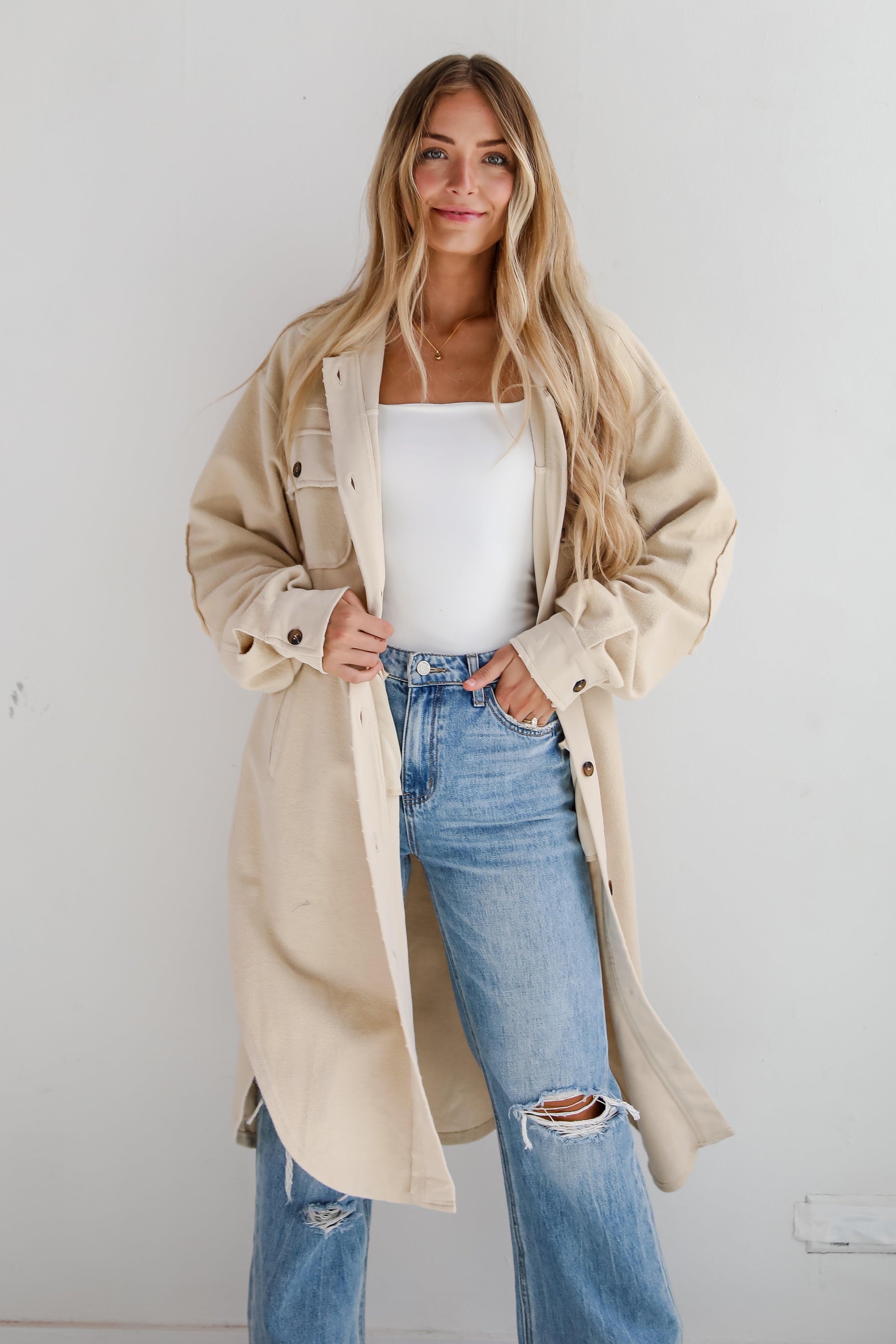 Undeniably Stylish Oatmeal Longline Shacket