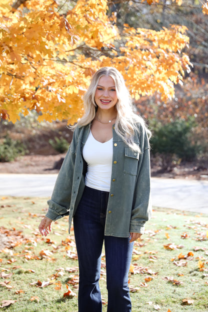 Impeccable Style Olive Acid Wash Button-Up Top