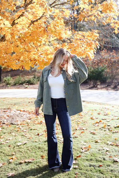 Impeccable Style Olive Acid Wash Button-Up Top