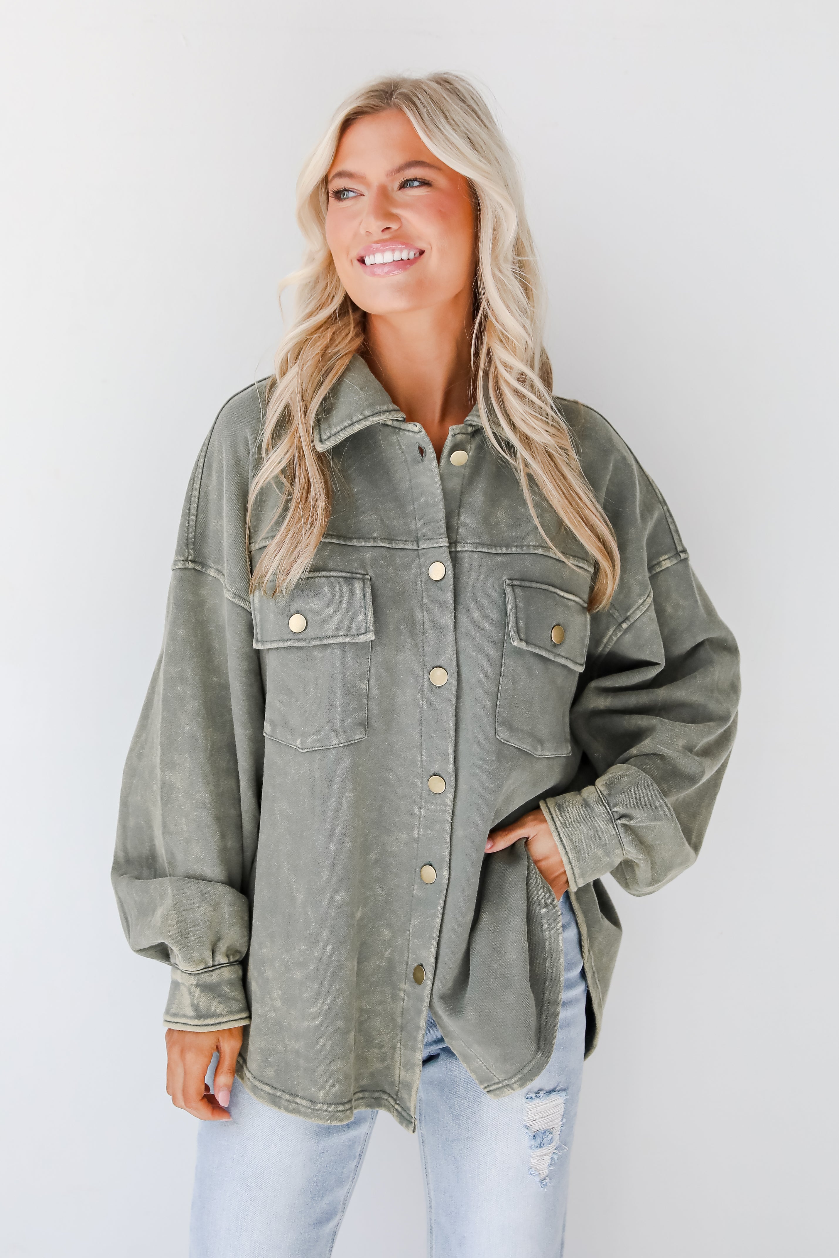 Impeccable Style Olive Acid Wash Button-Up Top