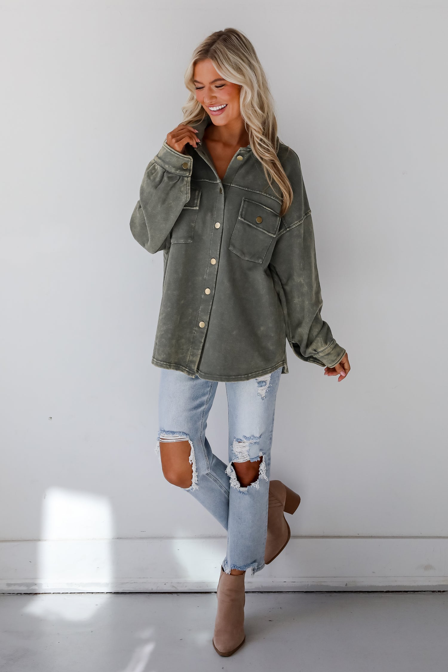 Impeccable Style Olive Acid Wash Button-Up Top