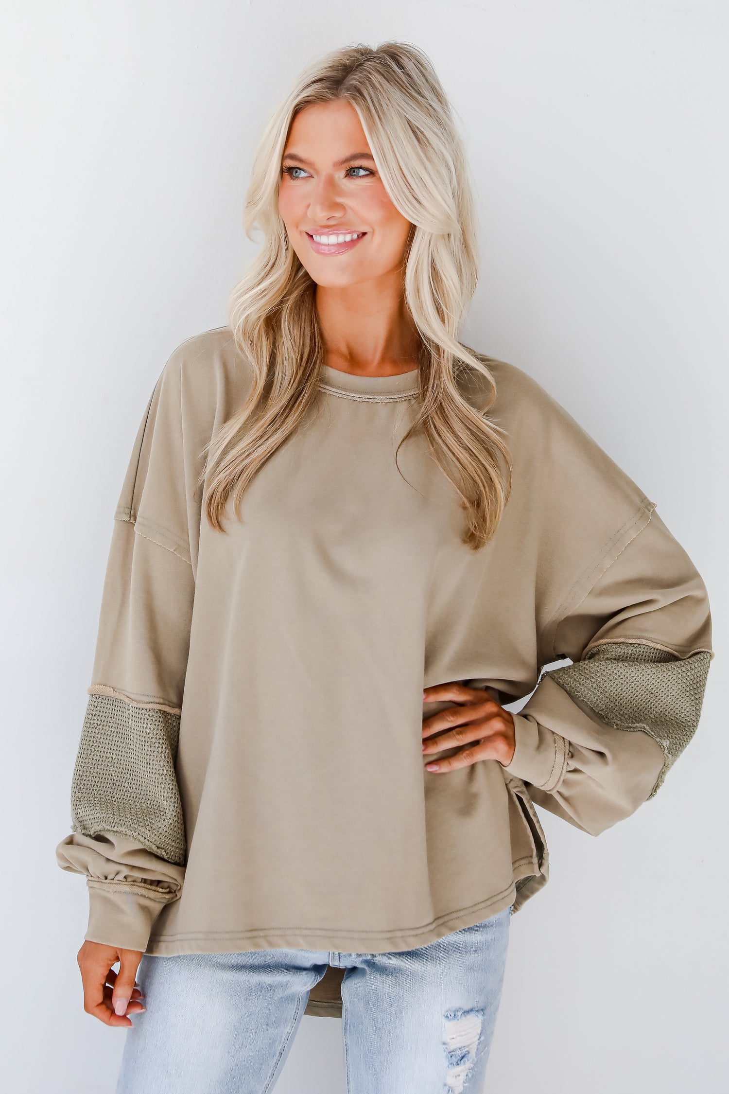 Casual Allure Olive Contrast Sleeve Top