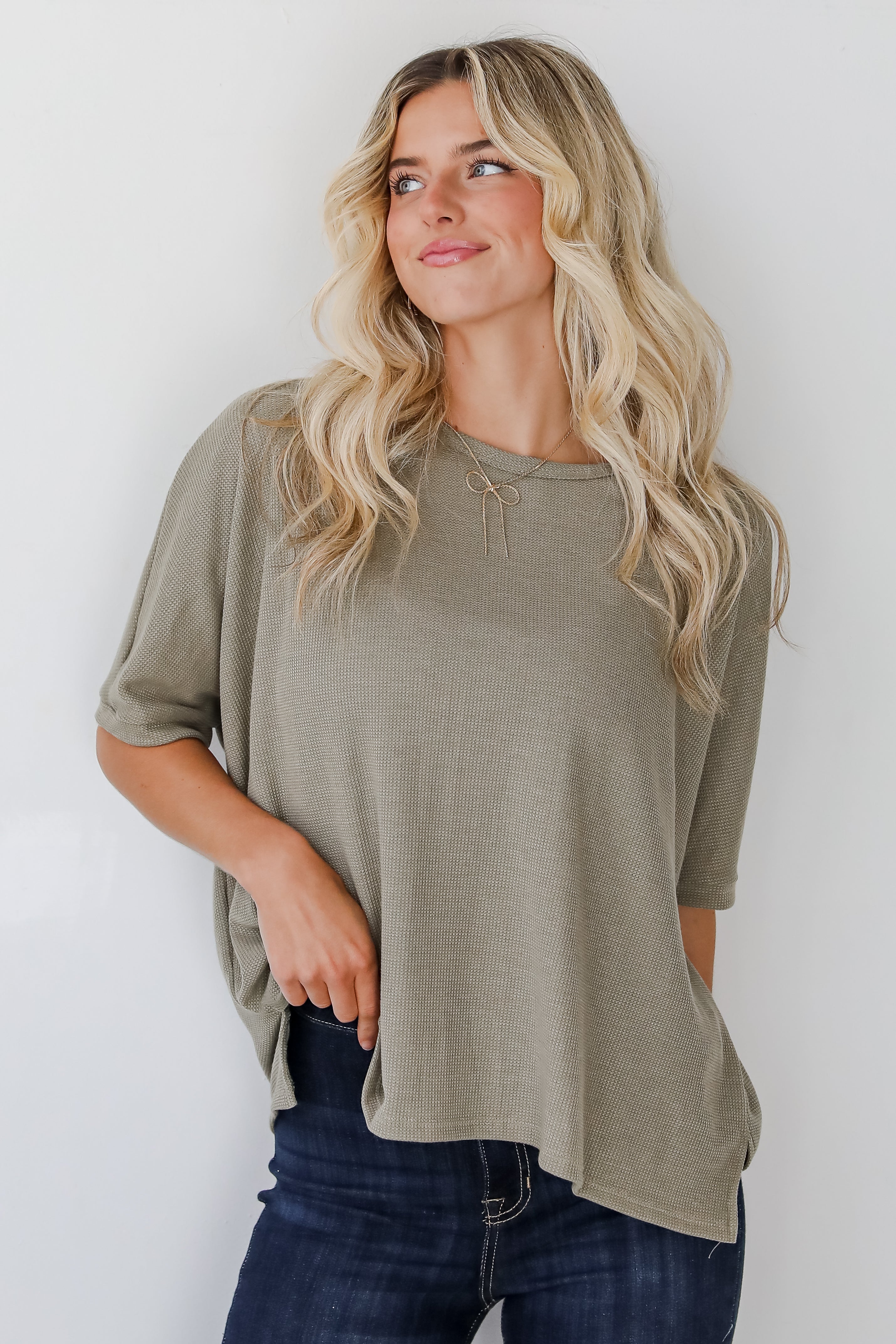 Missy Olive Waffle Knit Top