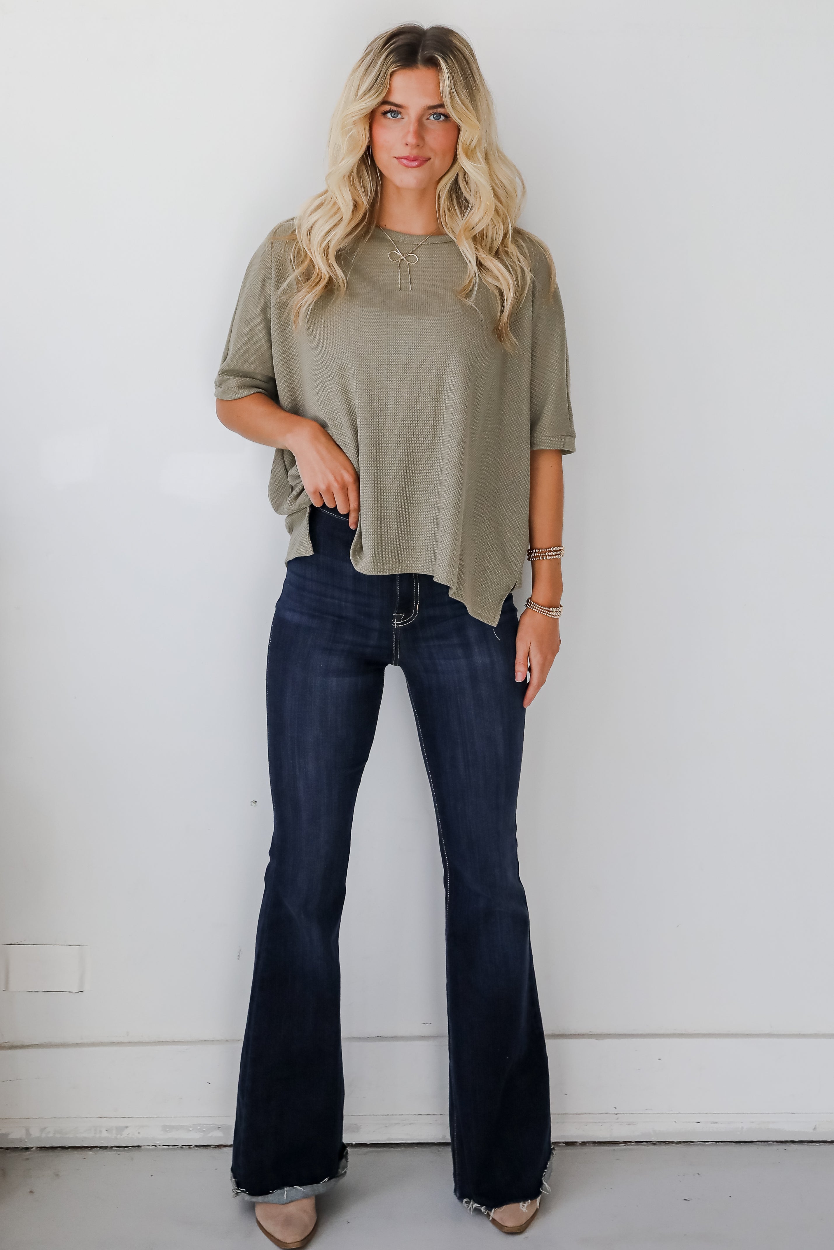 Missy Olive Waffle Knit Top