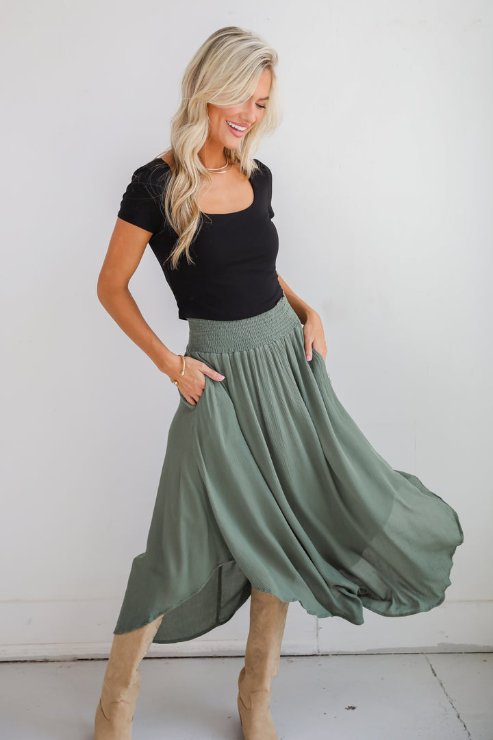 Sensational Purpose Olive Midi Skirt