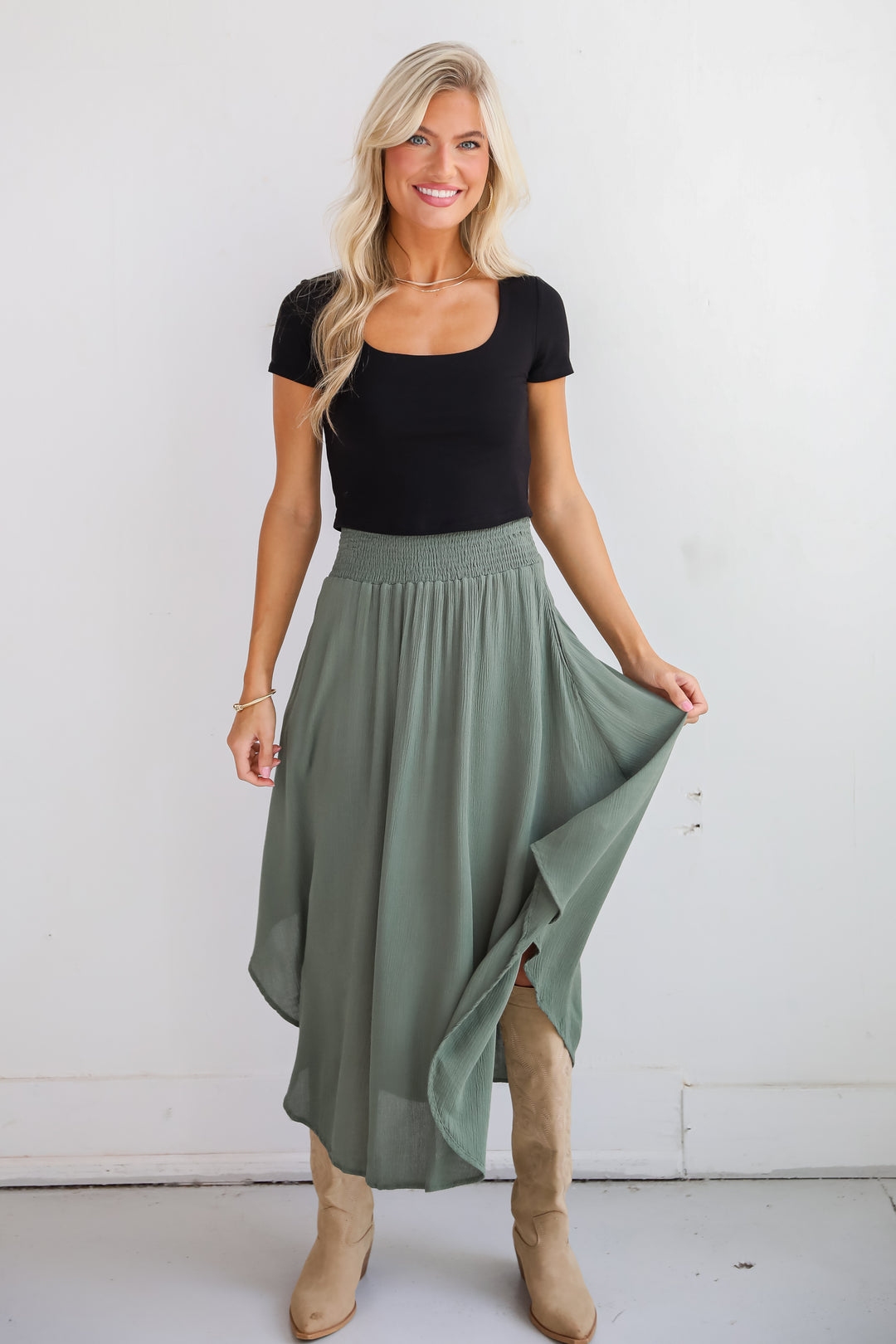 Sensational Purpose Olive Midi Skirt