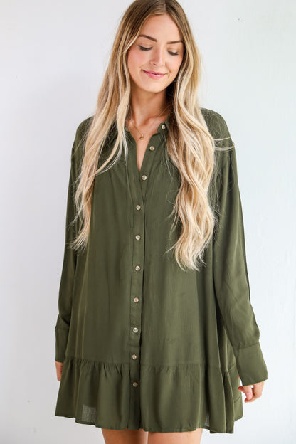 Approachably Adorable Olive Button Front Mini Dress