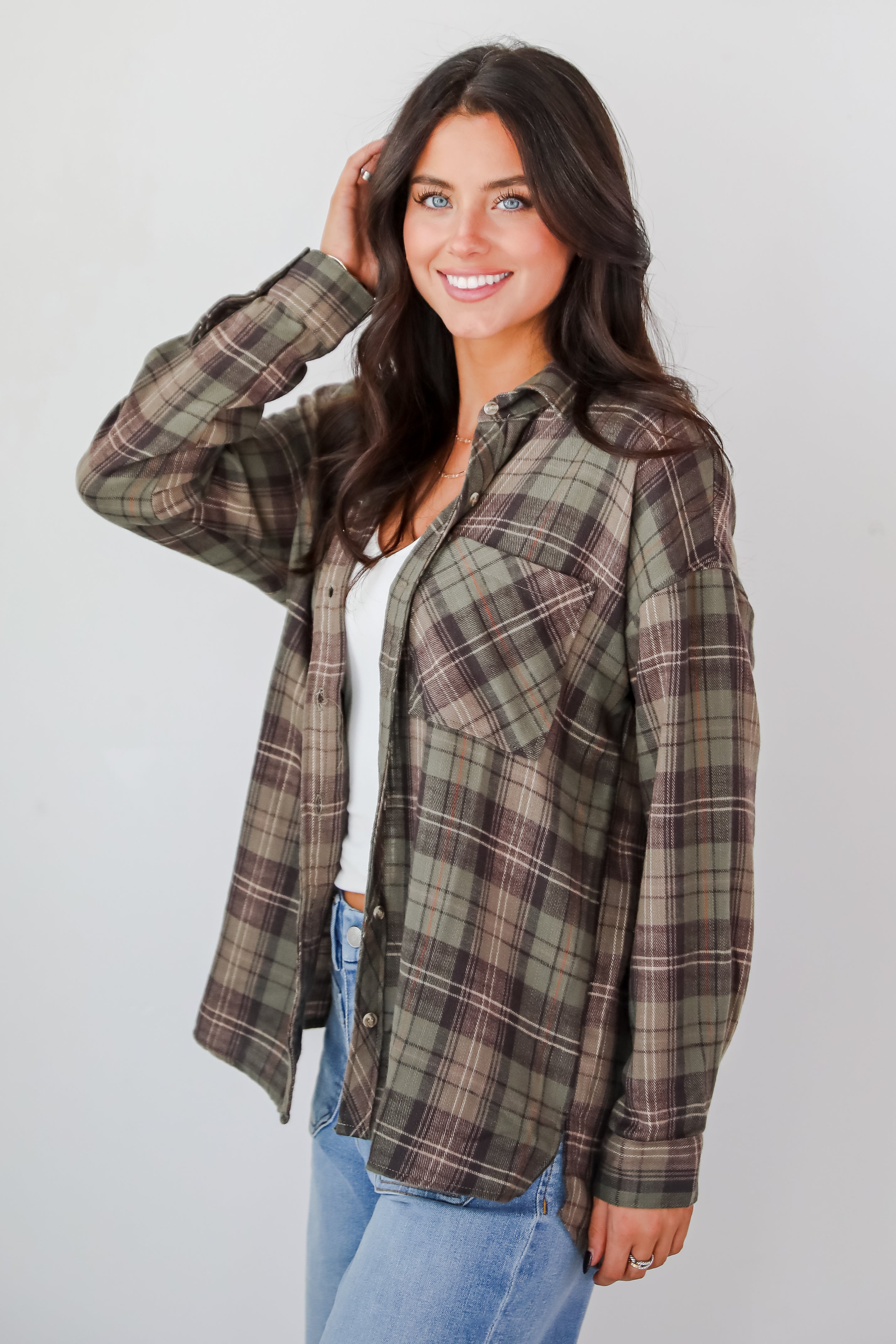 Significantly Chic Light Olive Plaid Flannel