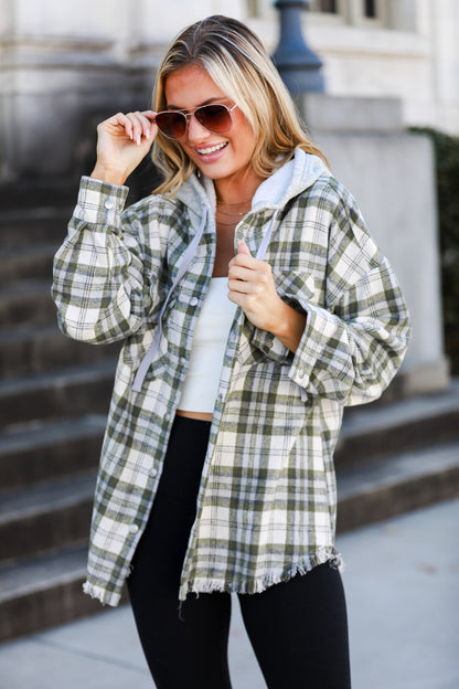 Olive Plaid Hooded Shacket