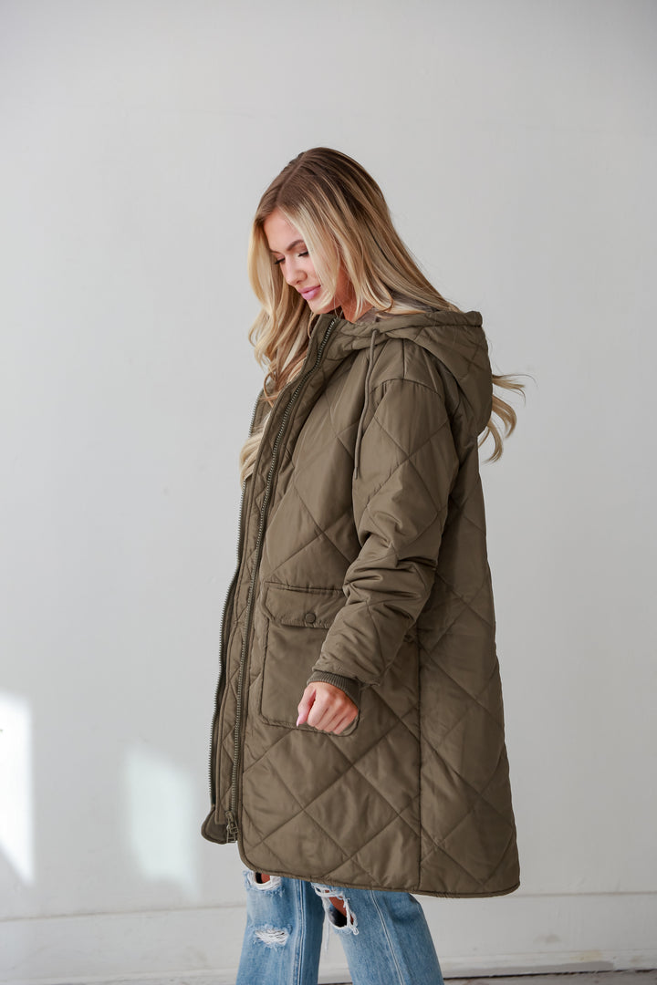 oversized Olive Quilted Longline Hooded Jacket