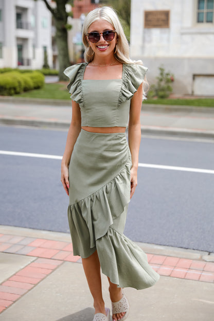 cute Olive Ruffle Midi Skirt