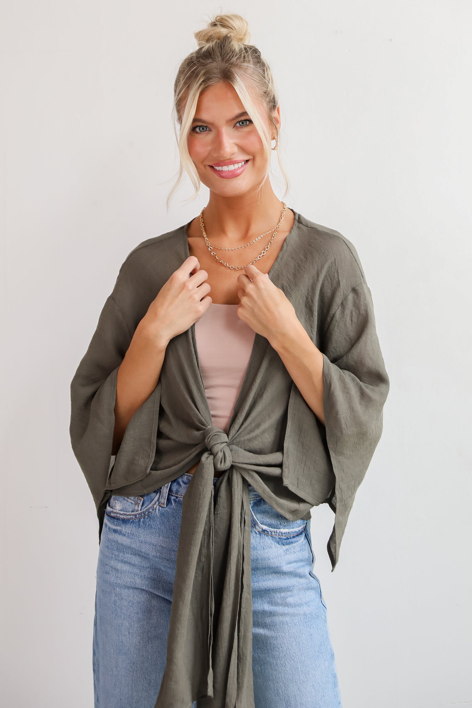 Enchanting Presence Olive Tie-Front Blouse