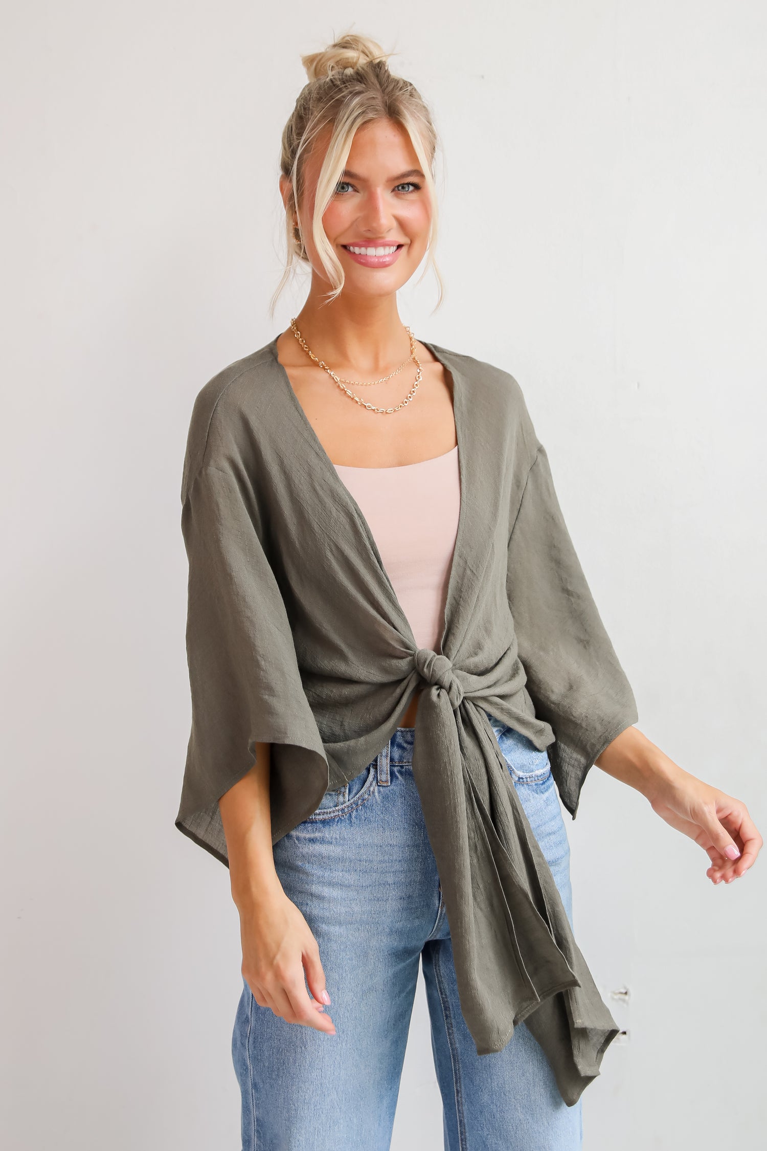 Enchanting Presence Olive Tie-Front Blouse