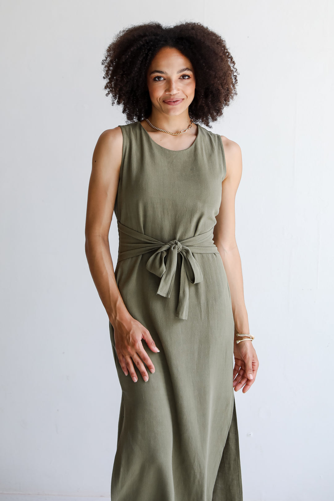 Olive Linen Tie-Front Maxi Dress