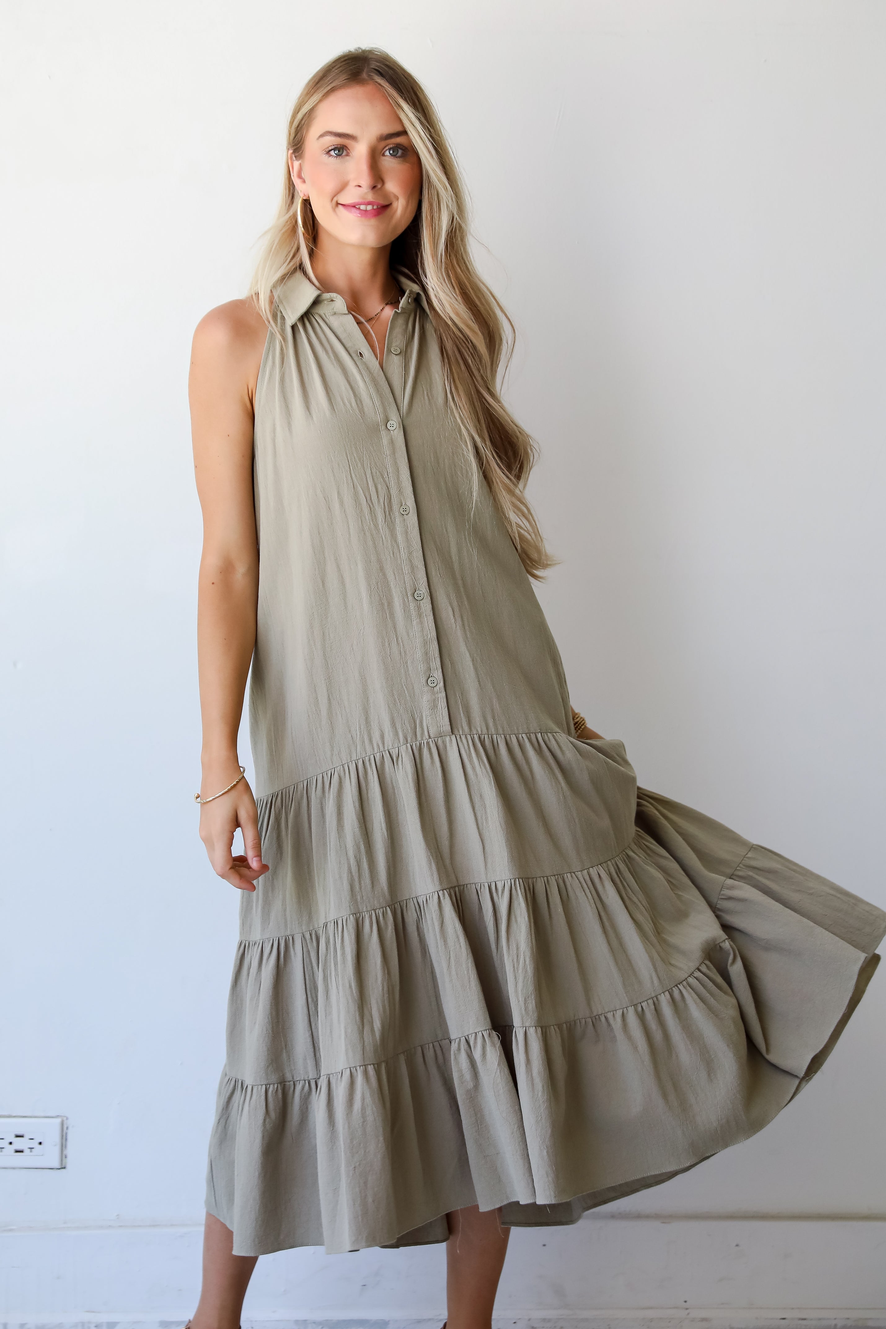 Sweet Destiny Light Olive Tiered Midi Dress