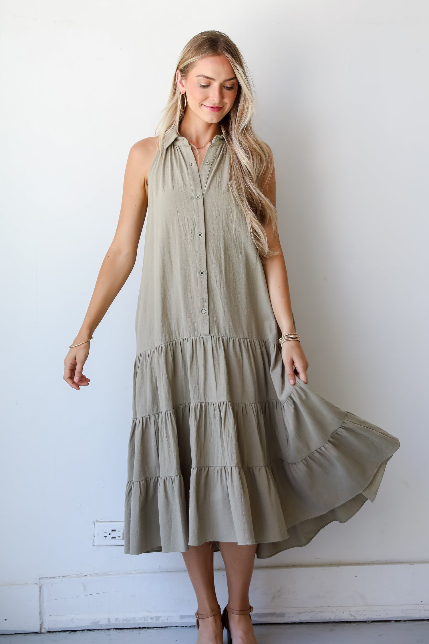 Sweet Destiny Light Olive Tiered Midi Dress