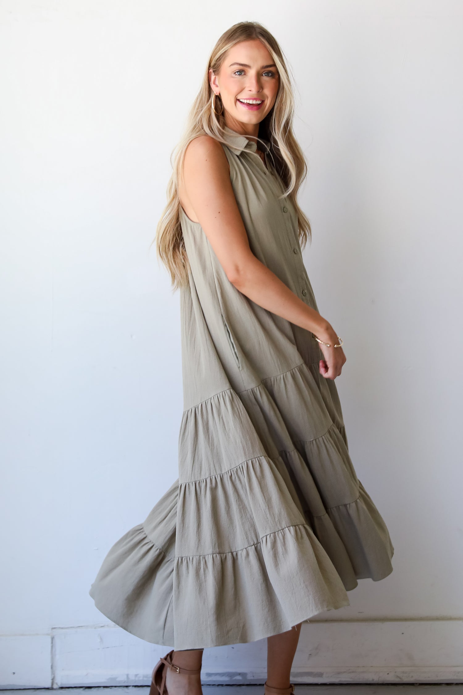 Sweet Destiny Light Olive Tiered Midi Dress