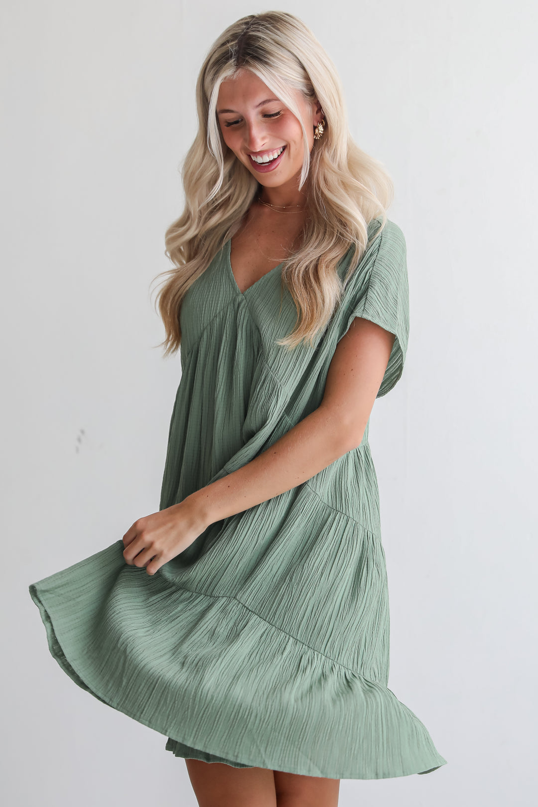 Pleasant Personality Olive Tiered Mini Dress