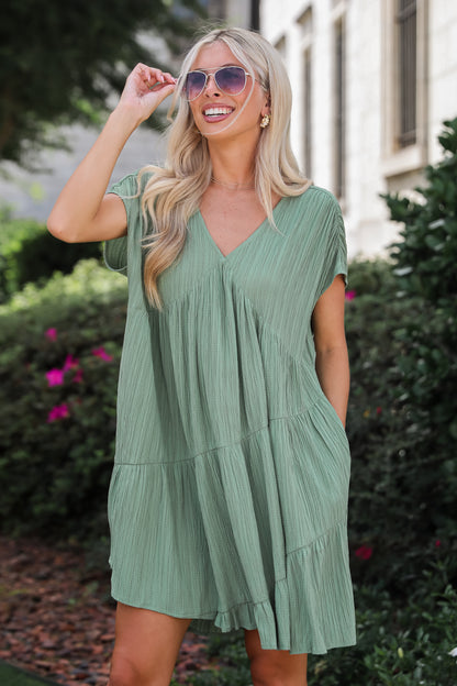 Pleasant Personality Olive Tiered Mini Dress