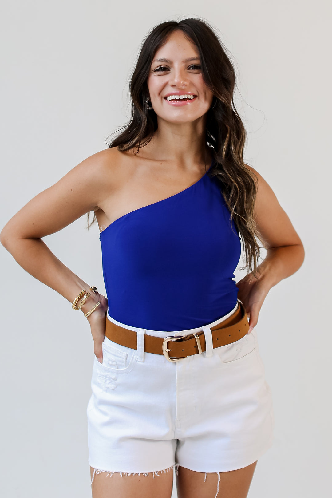 blue One-Shoulder Bodysuit front view