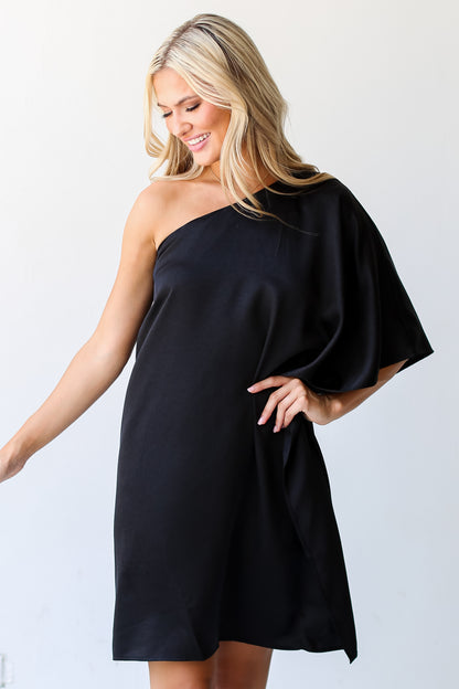 black One-Shoulder Mini Dress on model. Cute women&