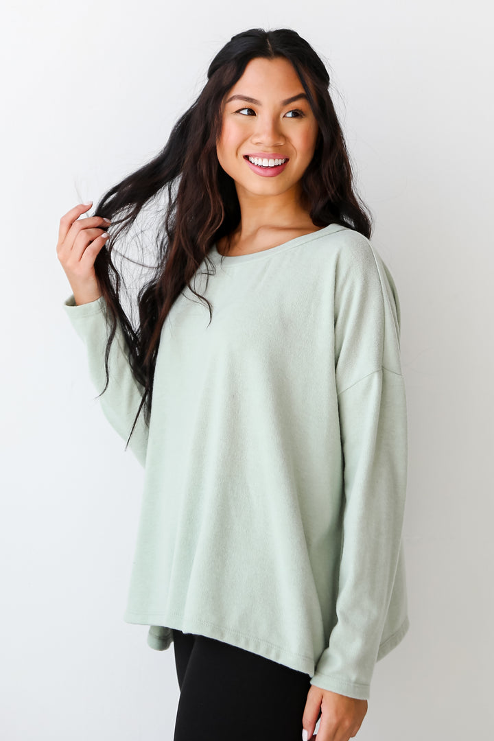 sage Brushed Knit Open Back Pullover side view