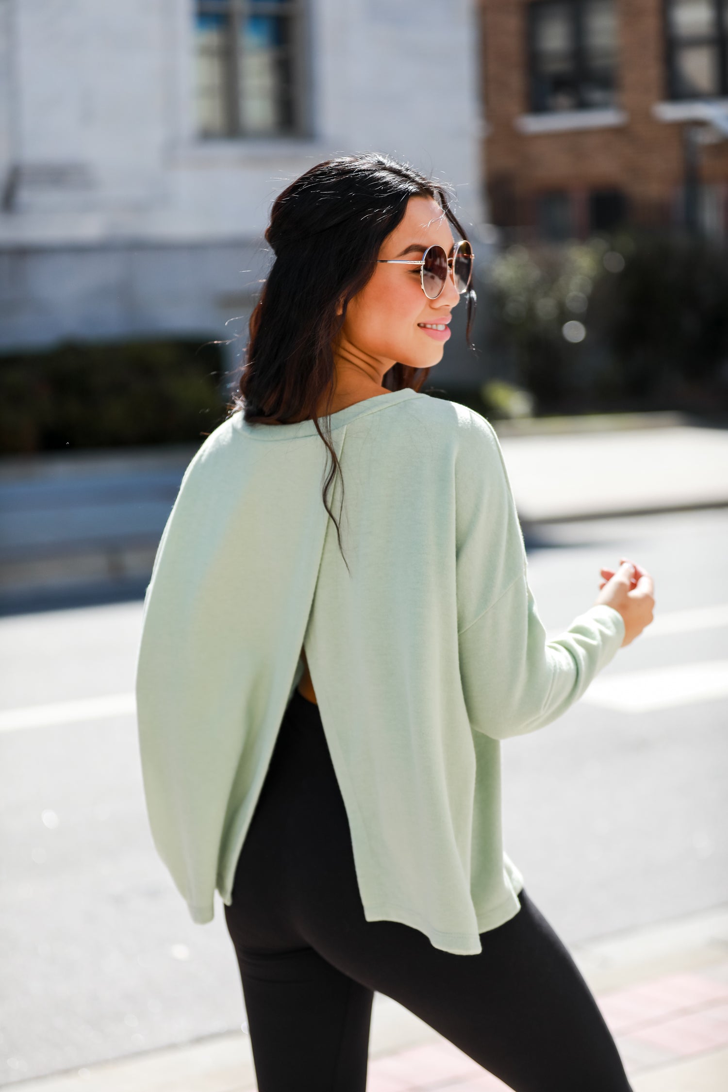 sage Brushed Knit Open Back Pullover back view