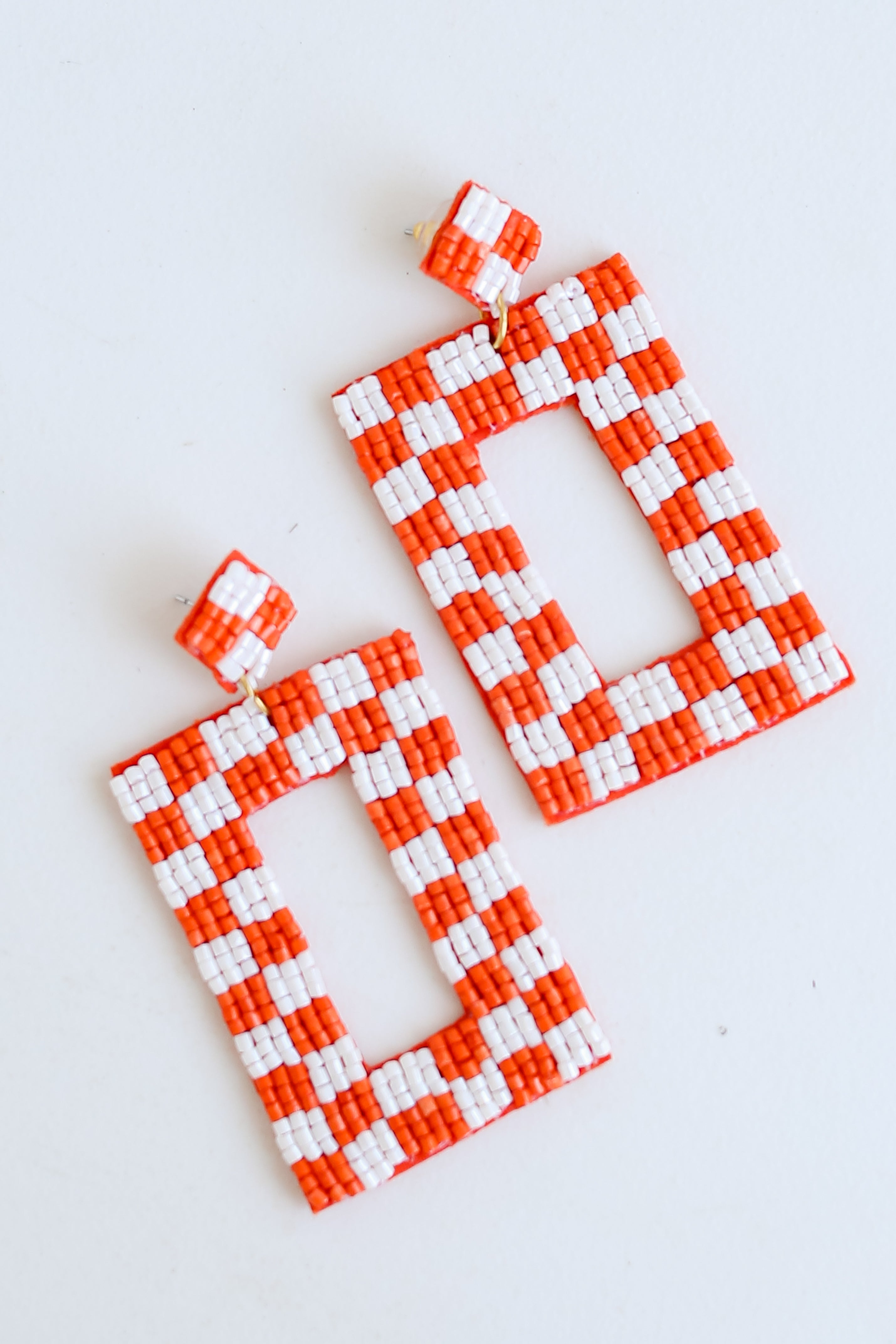 Orange + White Checkered Beaded Statement Earrings