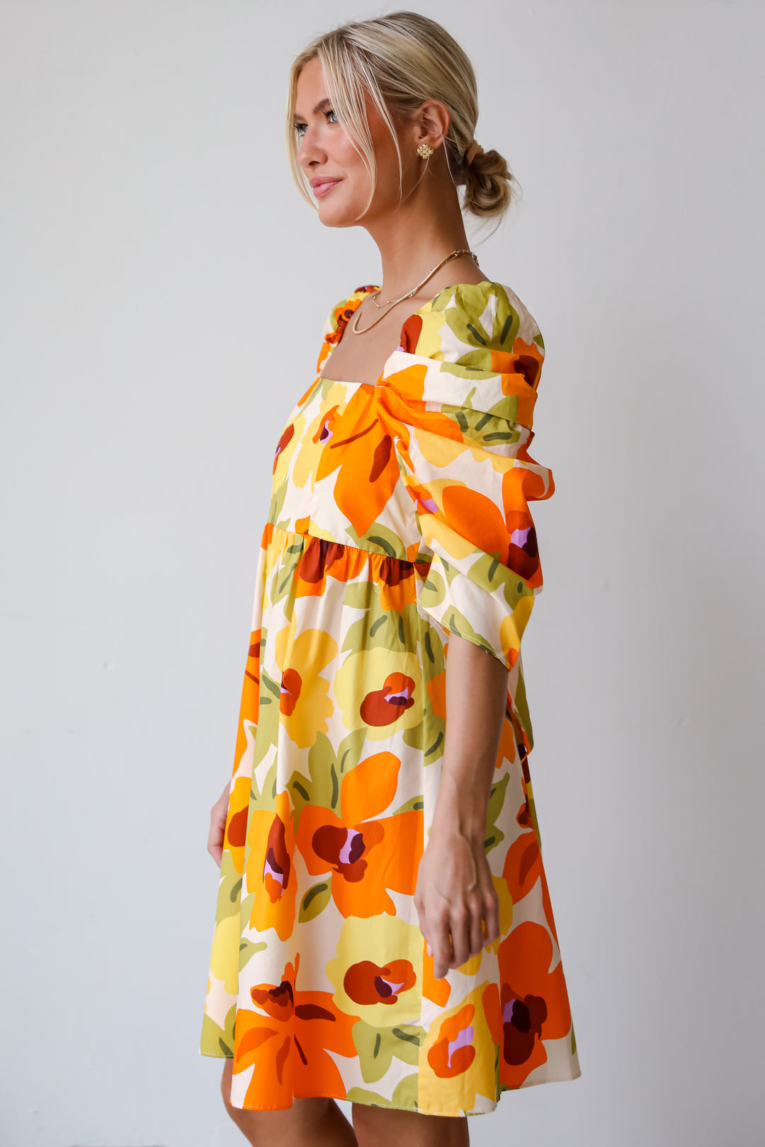 Unique Blooms Orange Floral Babydoll Mini Dress