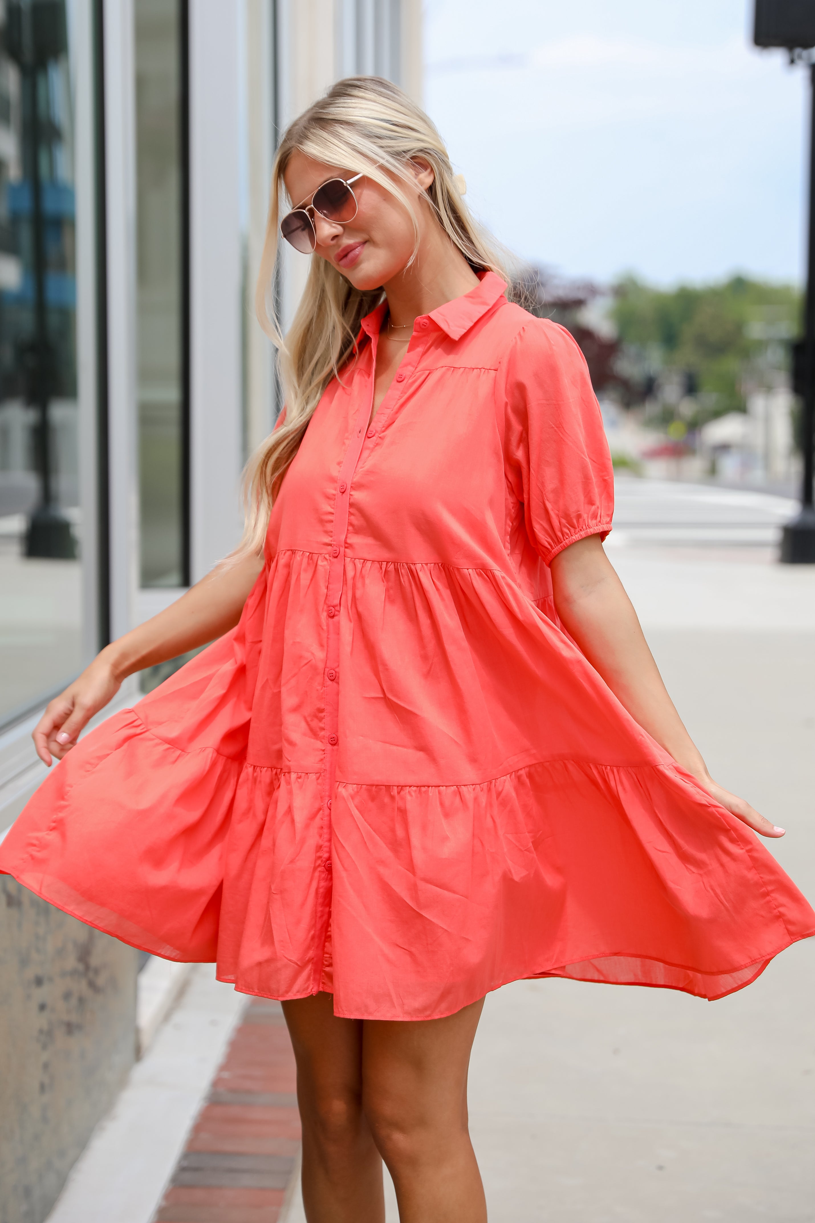 Sunshine Chic Coral Tiered Mini Dress