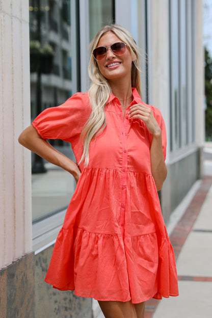 Sunshine Chic Coral Tiered Mini Dress